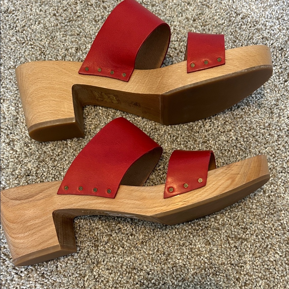 Madewell The Clara Clog Sandals Red Double-Strap Wood Block Heel Mules 9 - Picture 3 of 7